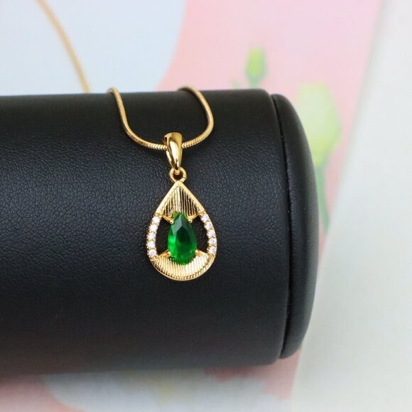 "Teardrop Green Pendant with Sparkling Accents in Gold Finish, XPPT1689 - Picture 12 of 13